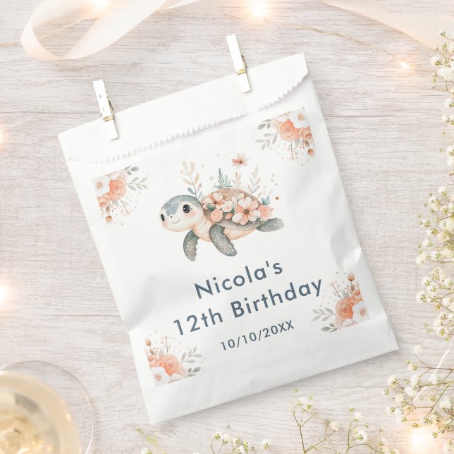 Cute Floral Turtle Birthday Party Favor Bag (Clipped)