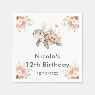 Cute Floral Turtle Birthday Party Napkins