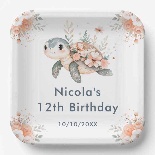 Cute Floral Turtle Birthday Party Paper Plates (Front)