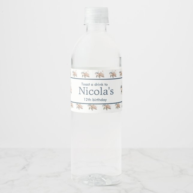 Cute Floral Turtle Birthday Party Water Bottle Label (Front)