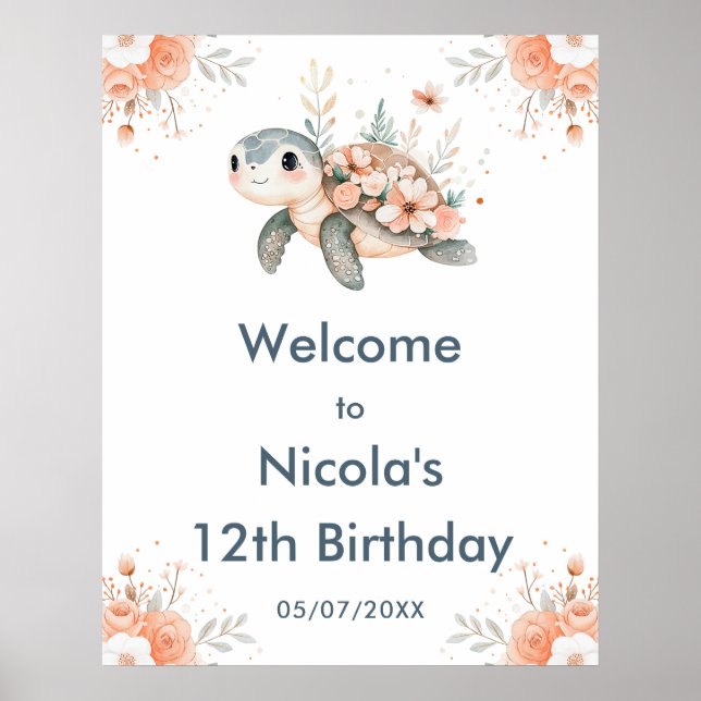 Cute Floral Turtle Birthday Party Welcome Poster (Front)