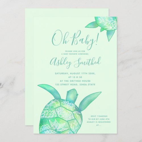 Cute floral turtle summer watercolor baby shower invitation