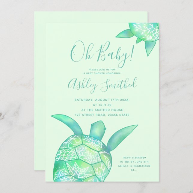 Cute floral turtle summer watercolor baby shower invitation (Front/Back)