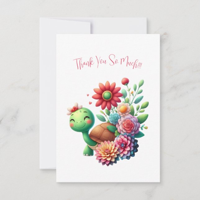 Cute Floral Turtle Thank You Note Card (Front)