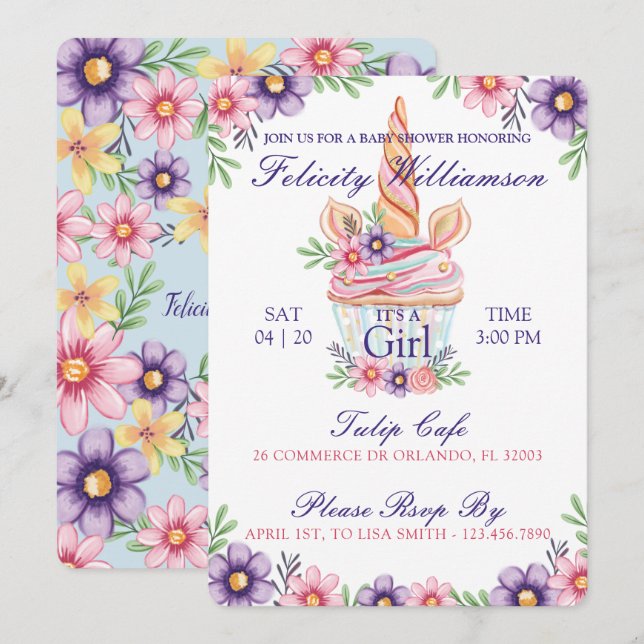 Cute Floral Unicorn Cupcake Baby Shower Invitation (Front/Back)
