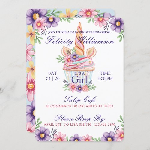 Cute Floral Unicorn Cupcake Baby Shower Invitation