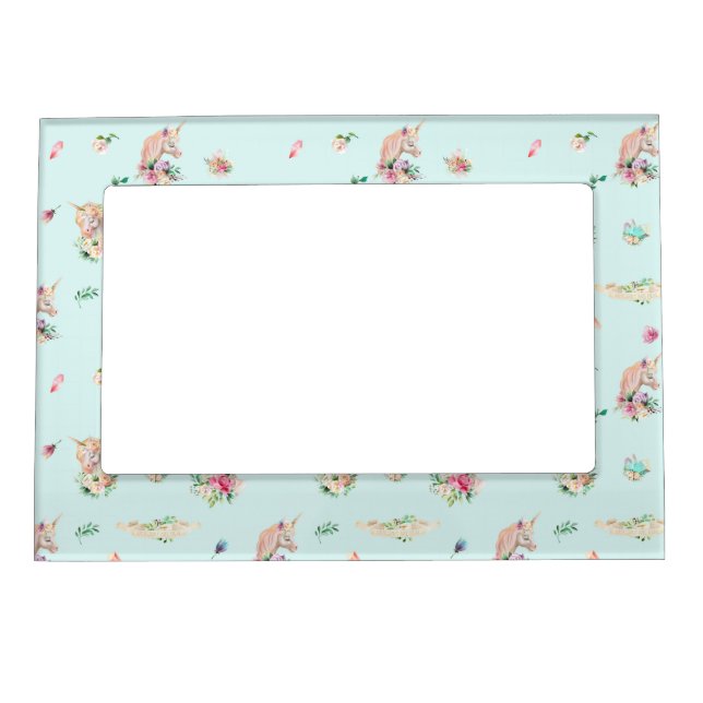 Cute Floral Unicorn Mint Green Magnetic Frame (Front)