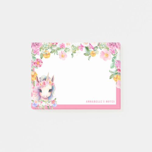 Cute Floral Unicorn Pink Custom Name Kids School Post_it Notes