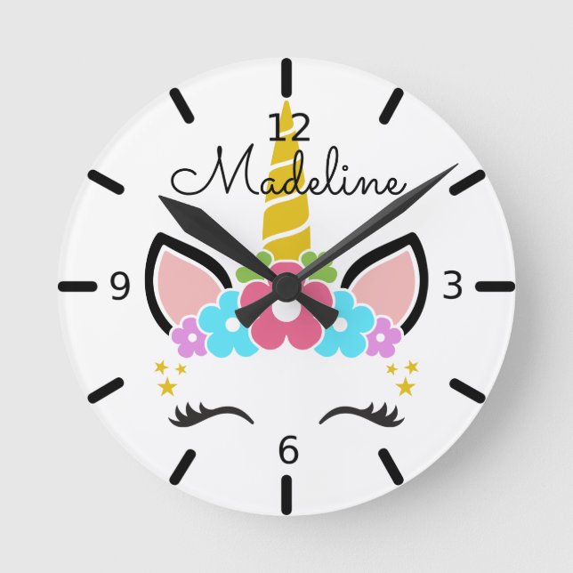 Cute Floral Unicorn Round Clock (Front)