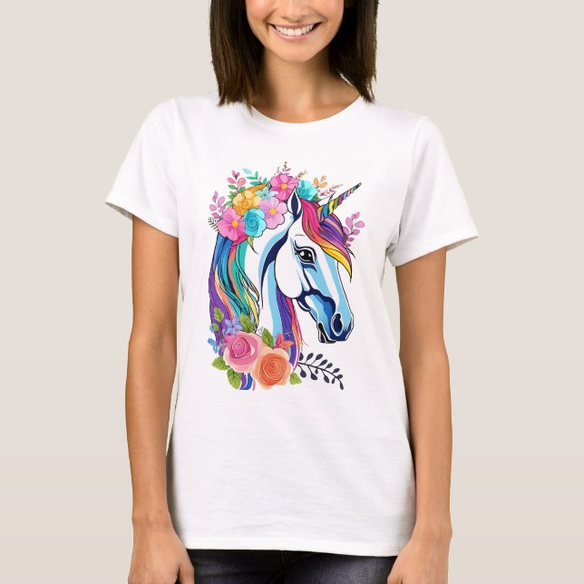 Cute Floral Unicorn T-shirt Design Womens (Front)