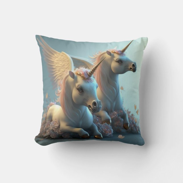 Cute floral Unicorns flying little pony  Throw Pillow (Front)