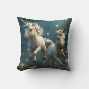 Cute floral Unicorns flying little pony Throw Pillow