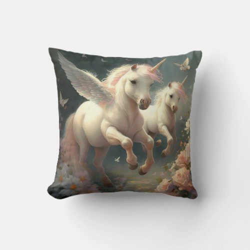 Cute floral Unicorns flying little pony    Throw Pillow