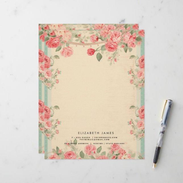 Cute Floral Vintage Valentines Day Personized Letterhead (Front/Back In Situ)