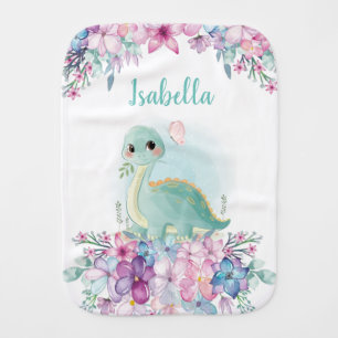 Cute Floral Watercolor Baby Dinosaur For Girl Baby Burp Cloth