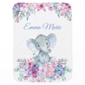Cute Floral Watercolor Baby Elephant For Girl Baby Blanket