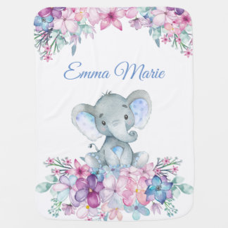 Cute Floral Watercolor Baby Elephant For Girl Baby Blanket