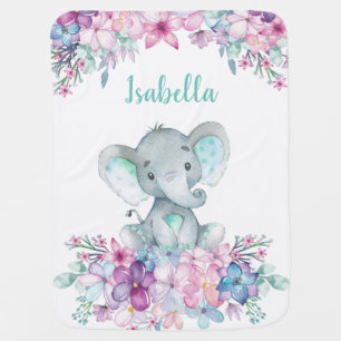 Cute Floral Watercolor Baby Elephant For Girl Baby Blanket