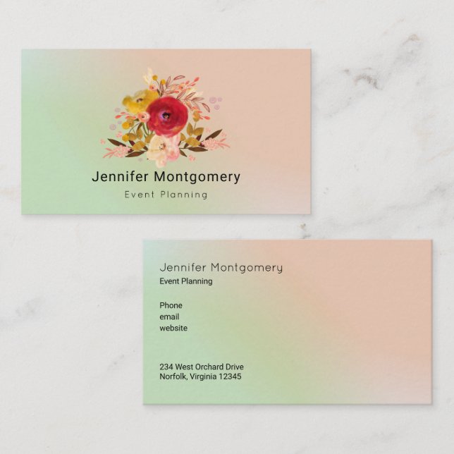 Cute Floral Watercolor Bouquet Event Planning Business Card (Front/Back)