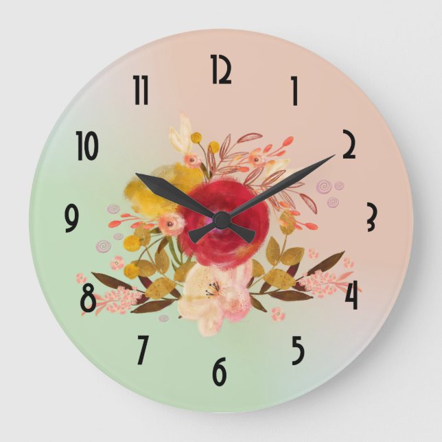 Cute Floral Watercolor Bouquet Large Clock (Front)