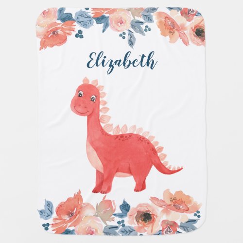 Cute Floral Watercolor Dinosaur Baby Blanket