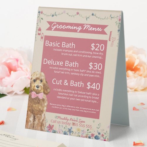 Cute Floral Watercolor Dog Grooming Services Menu  Table Tent Sign