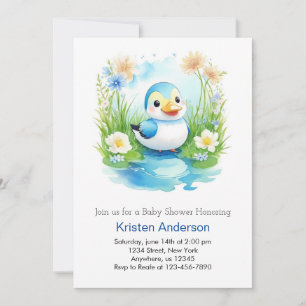 Cute Floral Watercolor Duck Boy Baby Shower Invitation