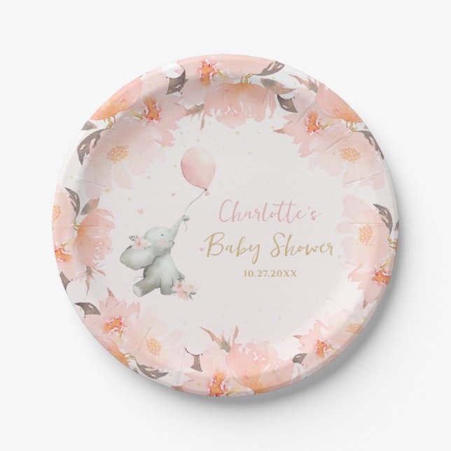 Cute Floral Watercolor Elephant with Balloon Paper Plates (Front)