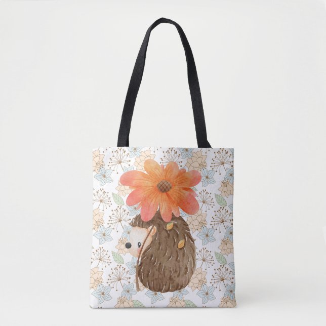 Cute Floral Watercolor Hedgehog  Tote Bag (Front)