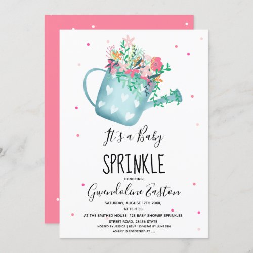 Cute floral watering can pink baby sprinkle shower invitation