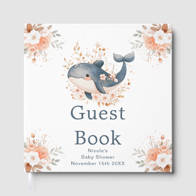 Cute Floral Whale Baby Shower Guest Book (Front)