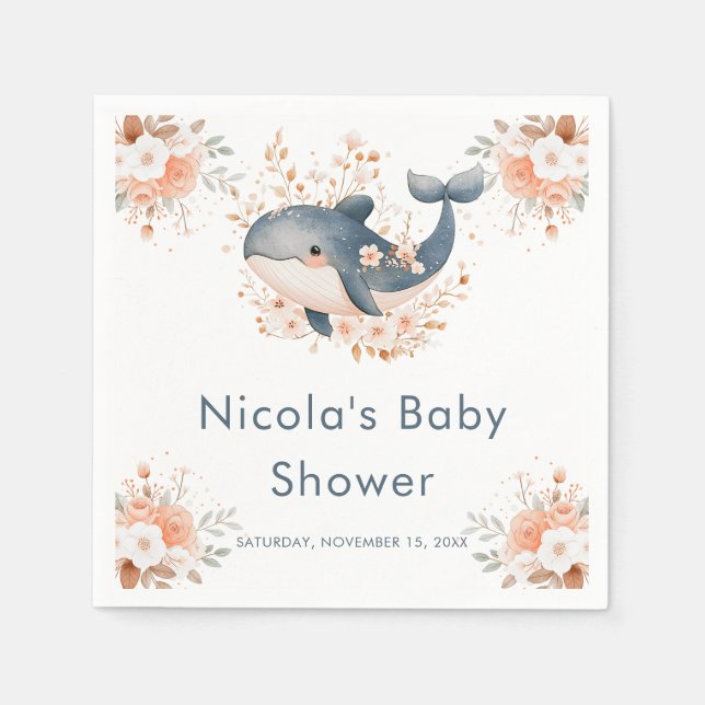 Cute Floral Whale Baby Shower Napkins (Front)