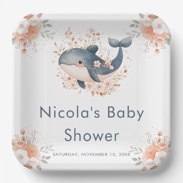 Cute Floral Whale Baby Shower Paper Plates (Front)