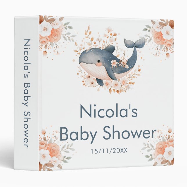 Cute Floral Whale Baby Shower Photo Album 3 Ring Binder (Front/Spine)