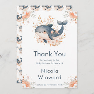Cute Floral Whale Baby Shower Thank You Card