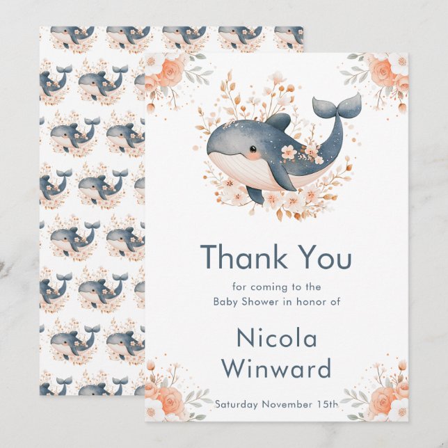Cute Floral Whale Baby Shower  Thank You Card (Front/Back)