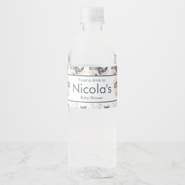 Cute Floral Whale Baby Shower Water Bottle Label (Front)