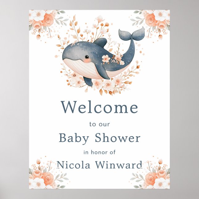 Cute Floral Whale Baby Shower  Welcome Poster (Front)