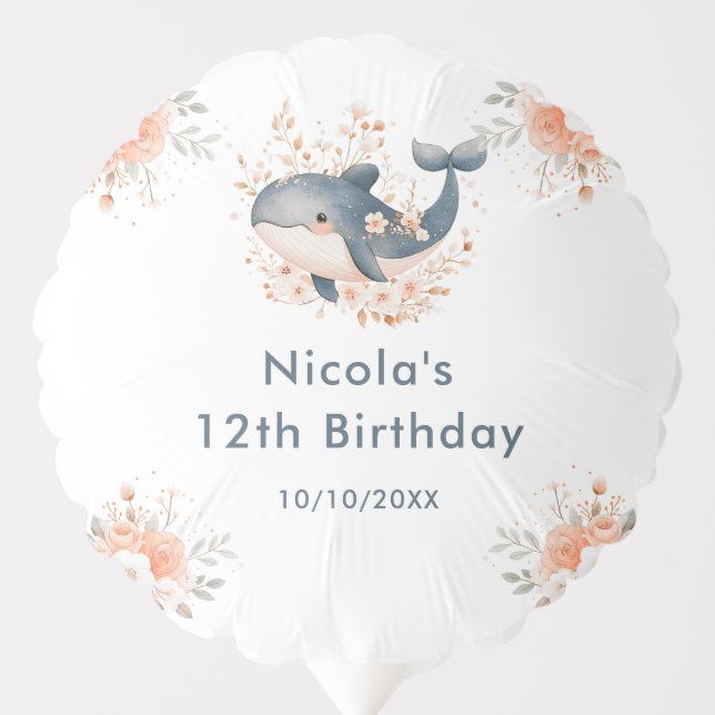 Cute Floral Whale Birthday Party Balloon (Front)