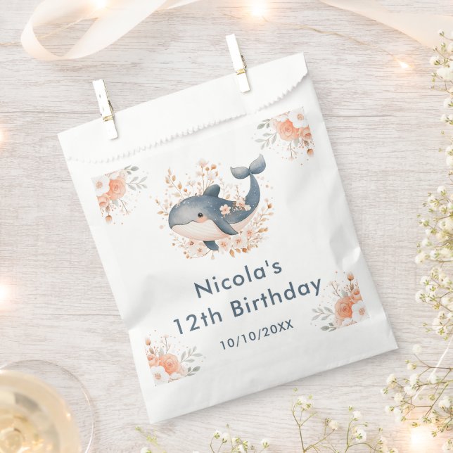 Cute Floral Whale Birthday Party Favor Bag (Clipped)