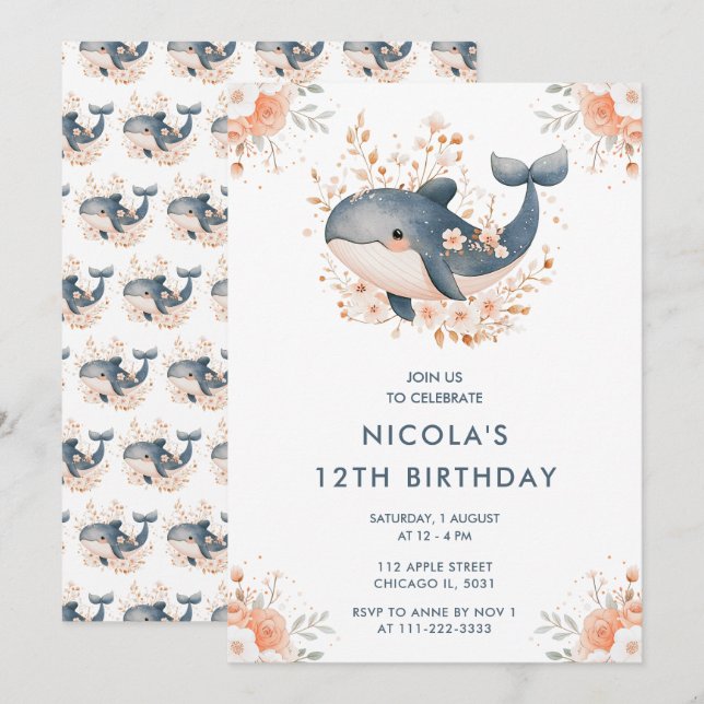 Cute Floral Whale Birthday Party Invitation (Front/Back)