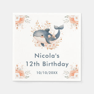 Cute Floral Whale Birthday Party Napkins