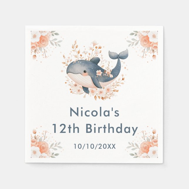 Cute Floral Whale Birthday Party Napkins (Front)