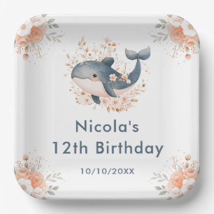 Cute Floral Whale Birthday Party Paper Plates