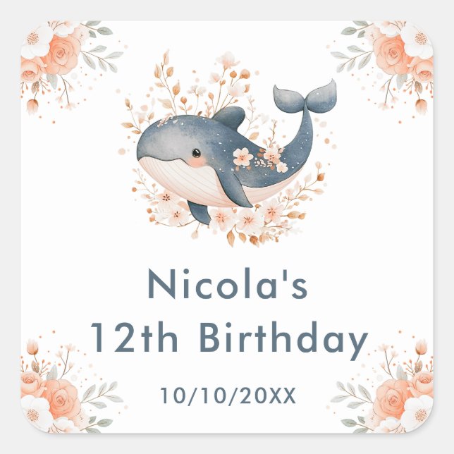 Cute Floral Whale Birthday Party Square Sticker (Front)