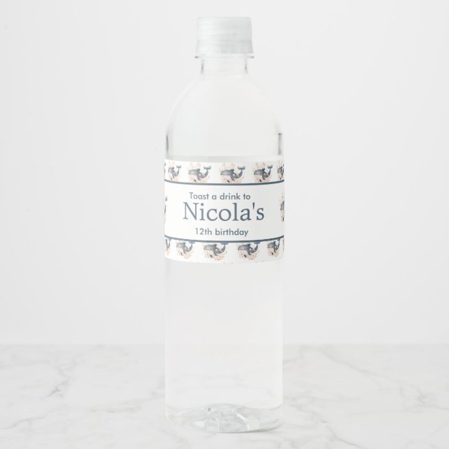 Cute Floral Whale Birthday Party Water Bottle Label (Front)