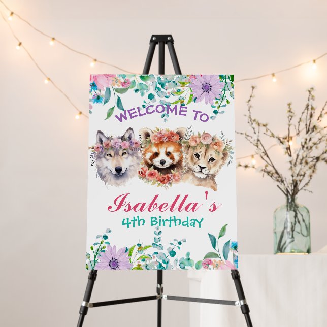 Cute Floral wolf jungle Animals Birthday Welcome  Foam Board (In Situ (Stand))