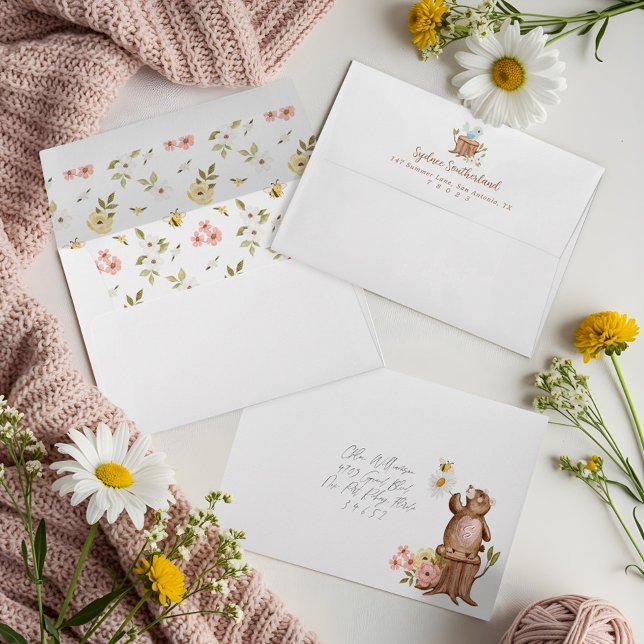Cute Floral Woodland Knitted Bear Baby Girl Shower Envelope (Cute Floral Woodland Knitted Bear Baby Girl Shower Envelope)