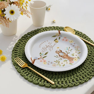 Cute Floral Woodland Knitted Bear Baby Shower Paper Plates