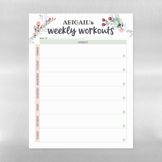 Cute Floral Workout Planner Magnetic Dry Erase Sheet (Vertical)